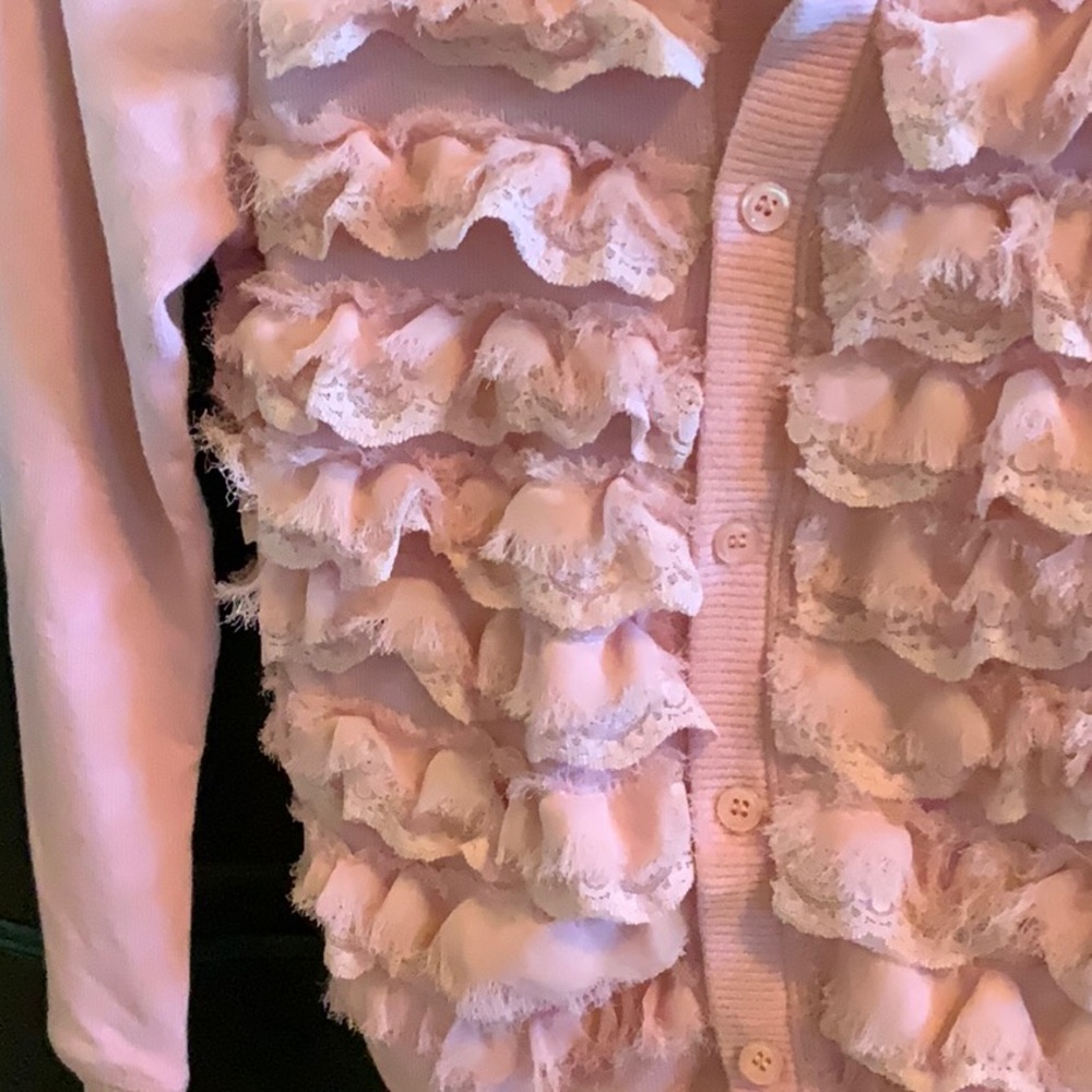 Pink Button Cardigan with Lace Ruffle Front Size S - Picture 2 of 5